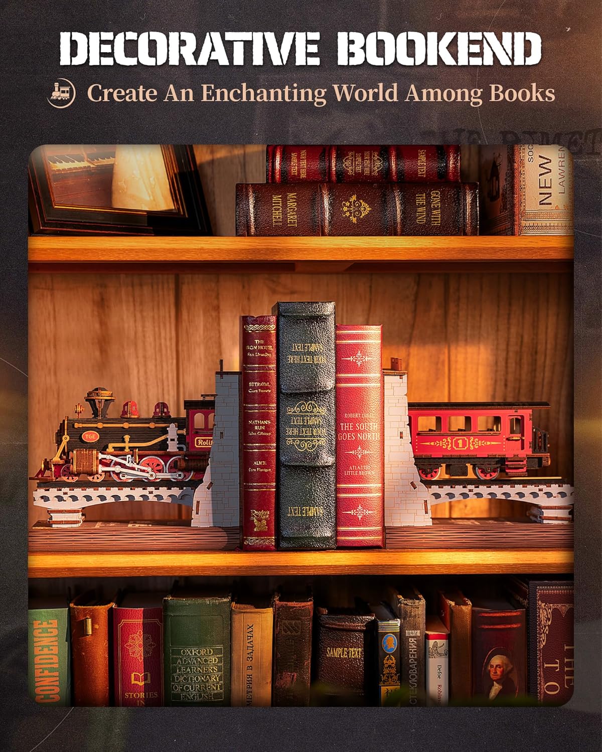 Side view of the retro locomotive model showing intricate wooden wheels and mechanical details.