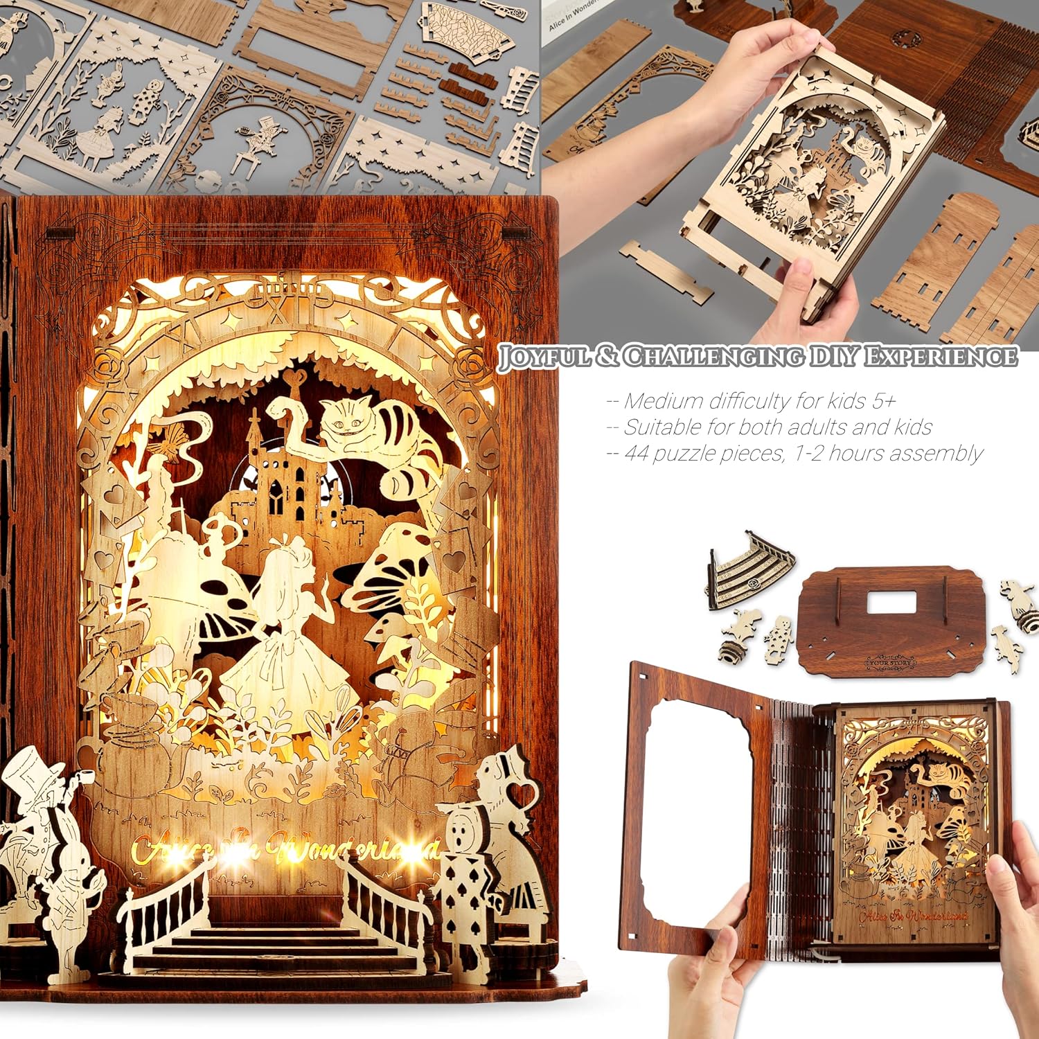 Alice in Wonderland 3D Puzzle Nightlight – DIY 3D LED Book Lamp – 3D Wood Puzzles Décor Lamp for Kids and Adults-uFunSpace