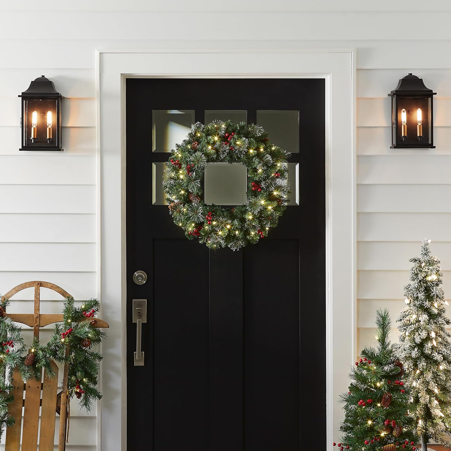 Pre-Lit Artificial Christmas Wreath, Green, Crestwood Spruce, White Lights, Decorated with Pine Cones, Berry Clusters, Frosted Branches, Christmas Collection, 24 Inches-uFunSpace