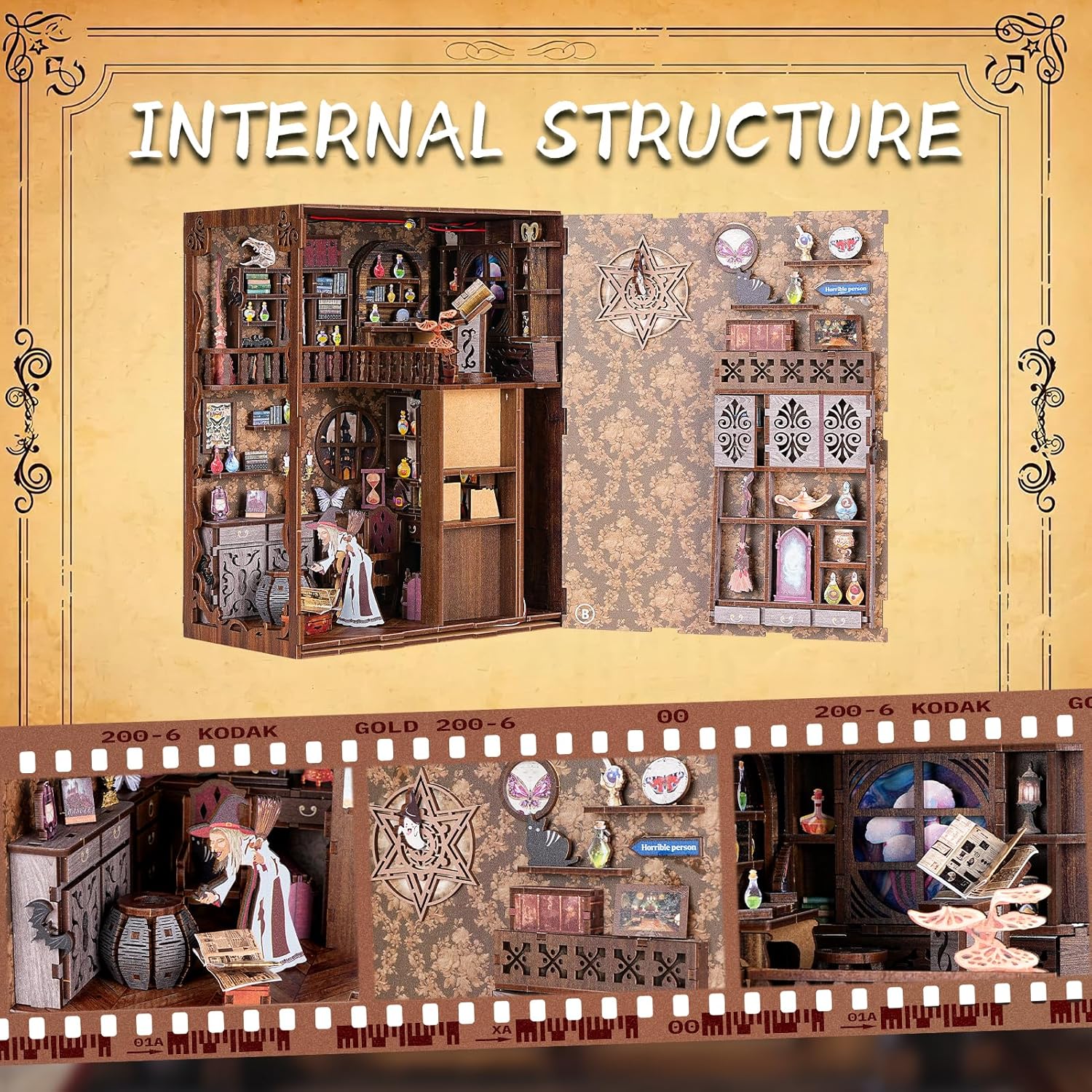 Internal structure of the Witch's Attic DIY Book Nook, showing the staircase, potion cabinet, and magic circle details.-uFunSpace