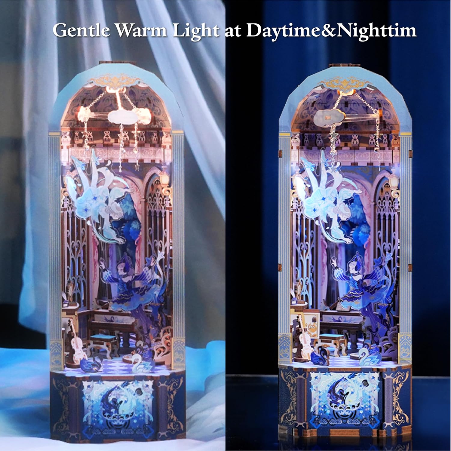 DIY Book Nook Kit for Adults, Wooden 3D Puzzle Music Box Bookend Bookshelf Insert Decor, Automatic Rotation Booknook Miniature House Kit with Dust Cover and LED Light (Swan Dream)-uFunSpace