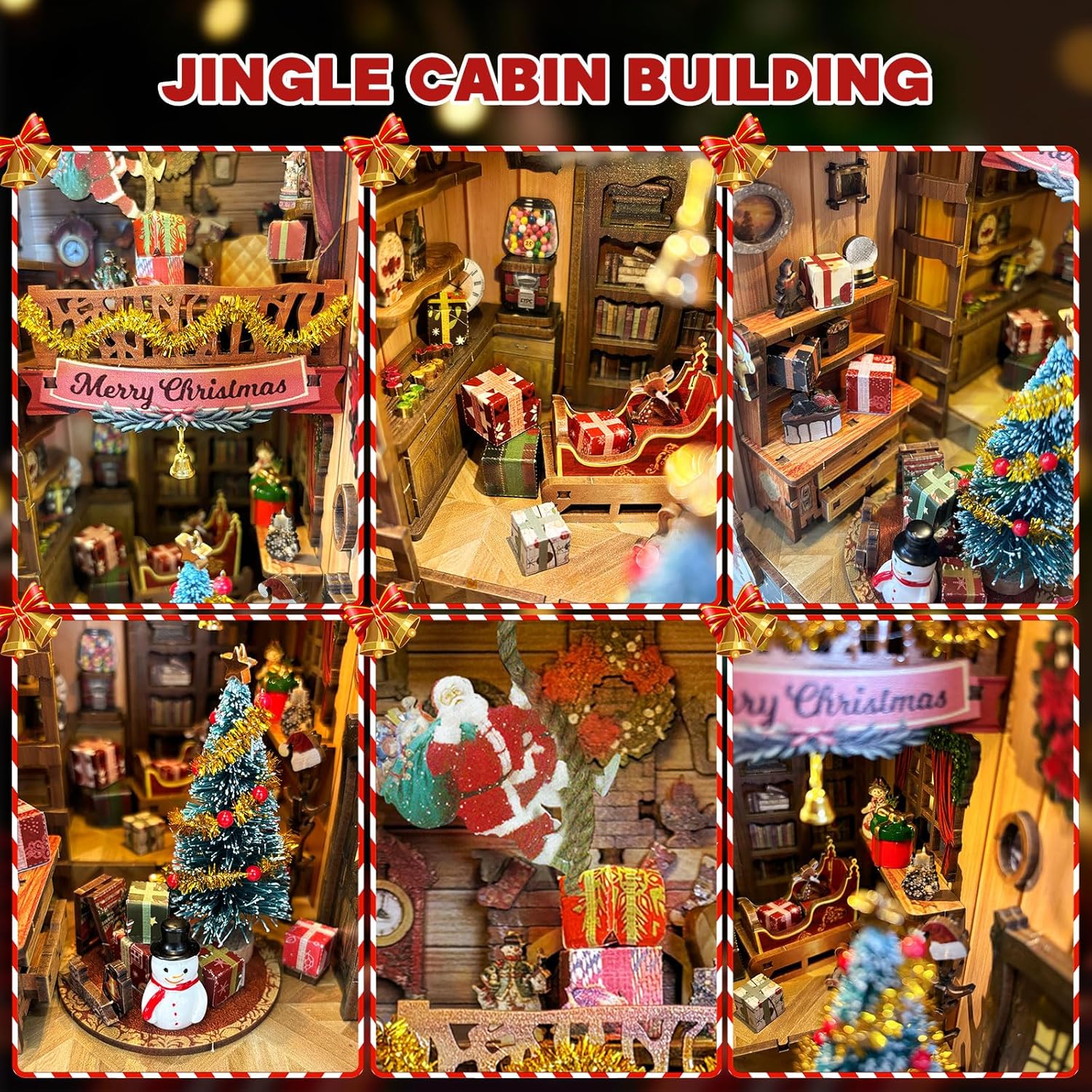 Close-up details of miniature furniture, Christmas stockings, and gift boxes inside the book nook.