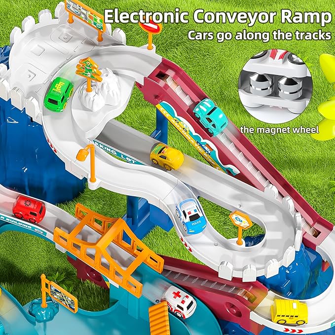 Boys Dinosaur Race Track Playset - Dinosaur Rolling Hill car Track for Kids, Car Ramp Track Toys for 3 4 5 6 7 Year Old Boys, Kids Toys Mountain Track, Small Car for Kids-uFunSpace