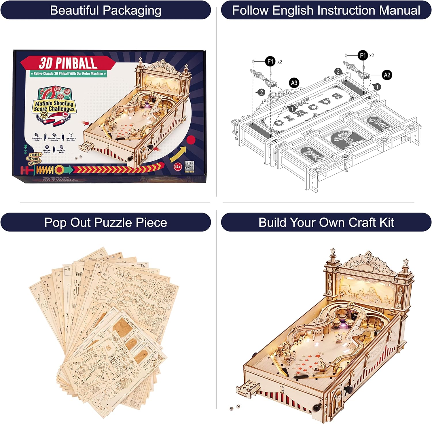 Wooden Puzzles 3D Pinball Machine Mechanical Model Wooden 3D Puzzles for Adults DIY Pinball Game Wooden Puzzle-Model Building Kits Christmas Birthday Gifts for Adult and 14+ Teens-uFunSpace