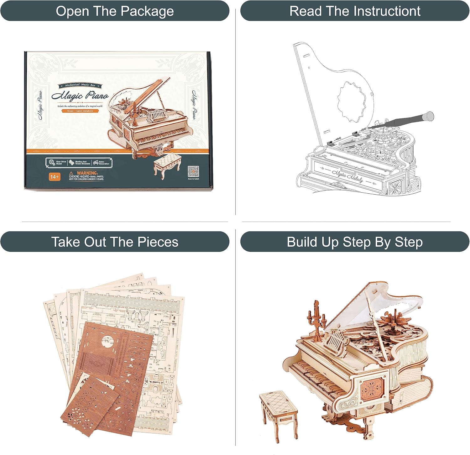Magic Piano 3D Puzzles for Adults-Mechanical 3D Puzzles Musical Instrument-Wooden Music Box Puzzle Kit to Build-Aesthetic Desk Decor Unique Gift for Men/Women-uFunSpace