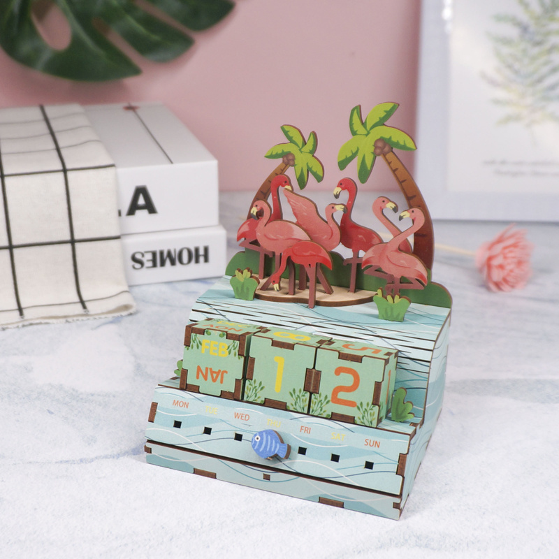 Pink Flamingos wooden calendar，3d art calendar desk calendar diy gifts
