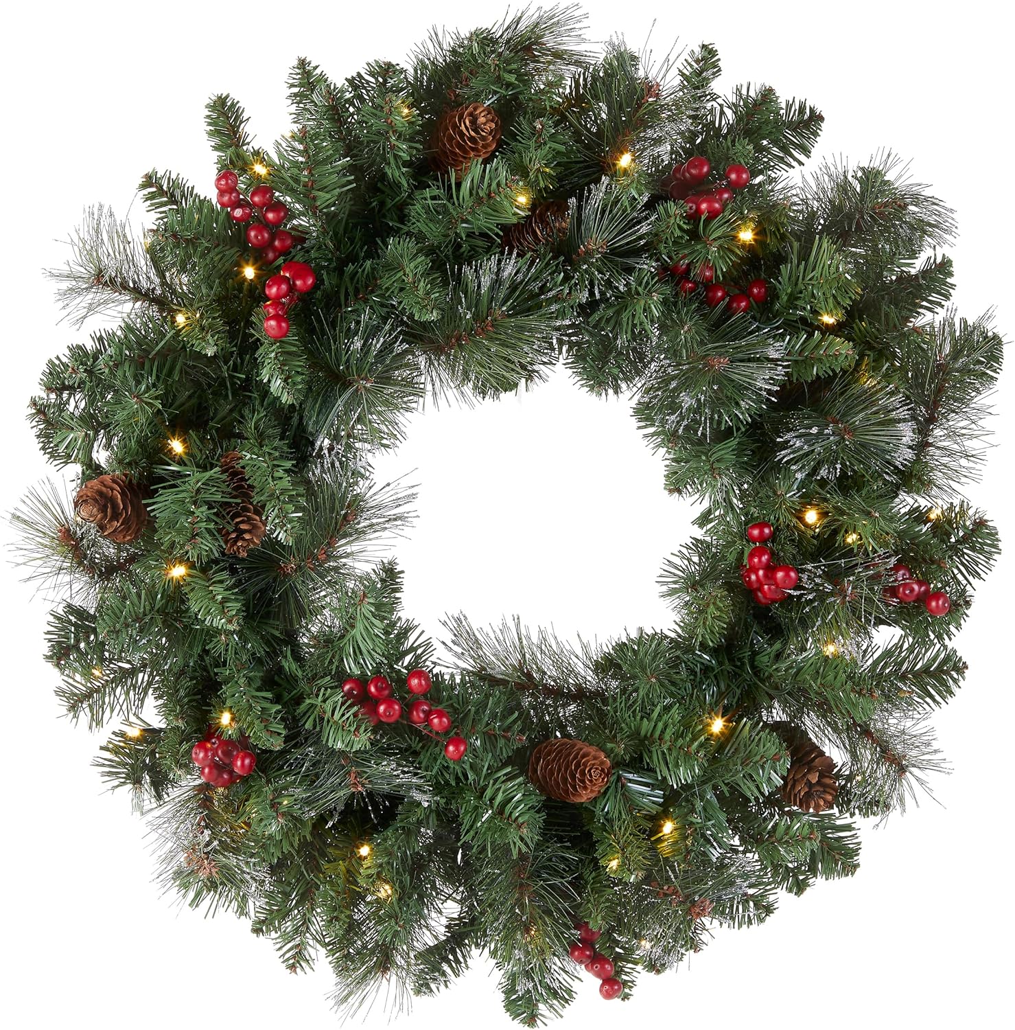 Pre-Lit Artificial Christmas Wreath, Green, Crestwood Spruce, White Lights, Decorated with Pine Cones, Berry Clusters, Frosted Branches, Christmas Collection, 24 Inches-uFunSpace
