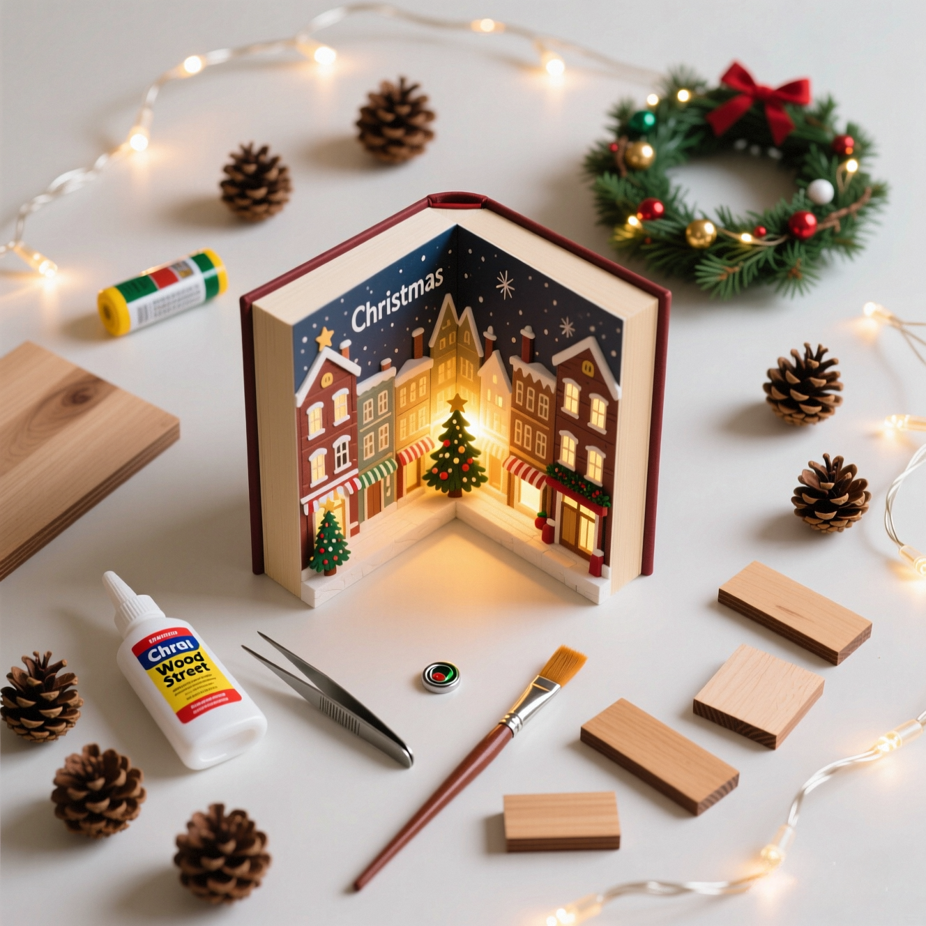 DIY Christmas craft materials arranged to create a magical corner with book nook kit