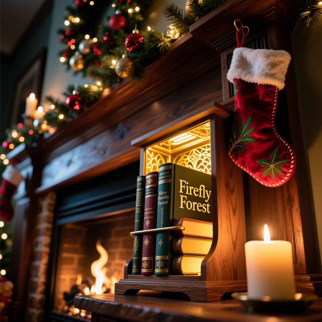 Firefly Forest book stand puzzle glowing on Christmas fireplace mantel decoration