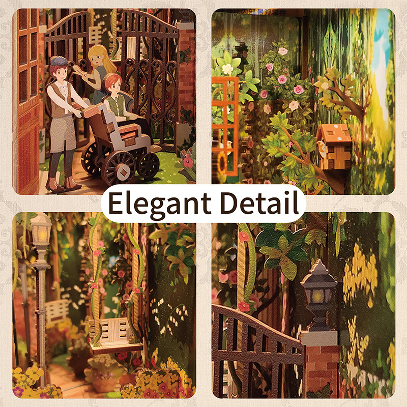 DIY Book Nook Kit for Adults,3D Wooden Puzzle Bookend Bookshelf Insert Library Decor, Booknook Miniature House Kit with Body Motion Sensor LED Light (The Secret Garden)-uFunSpace