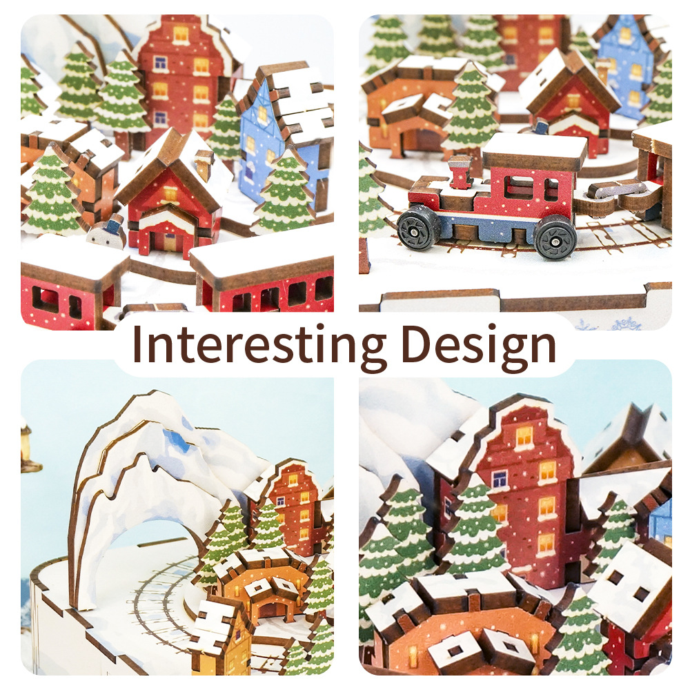 Northland Train Music Box Snow Scene Christmas Gift Hand-assembled Wooden Creative Ornaments-uFunSpace