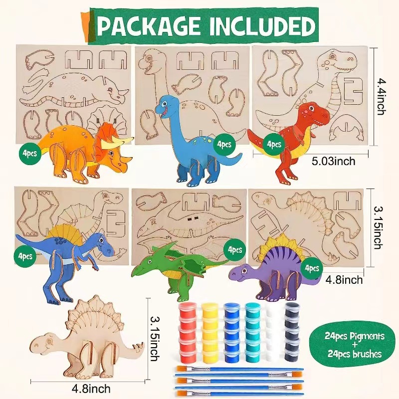3D Wooden Products Dinosaur Puzzle Set Puzzle Creative Crafts DIY Handmade Children's Painting Graffiti-uFunSpace