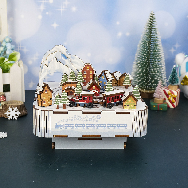 Northland Train Music Box Snow Scene Christmas Gift Hand-assembled Wooden Creative Ornaments-uFunSpace