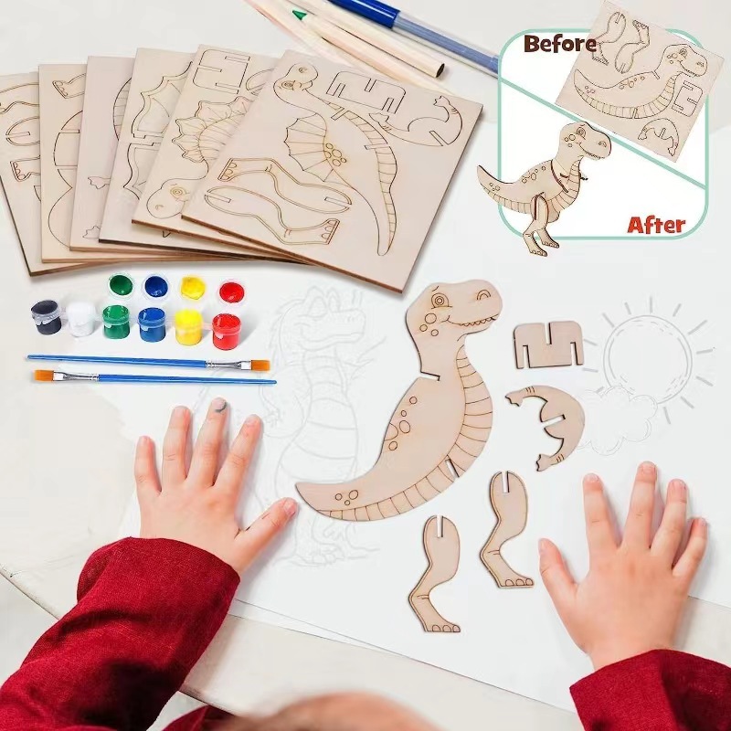 3D Wooden Products Dinosaur Puzzle Set Puzzle Creative Crafts DIY Handmade Children's Painting Graffiti-uFunSpace