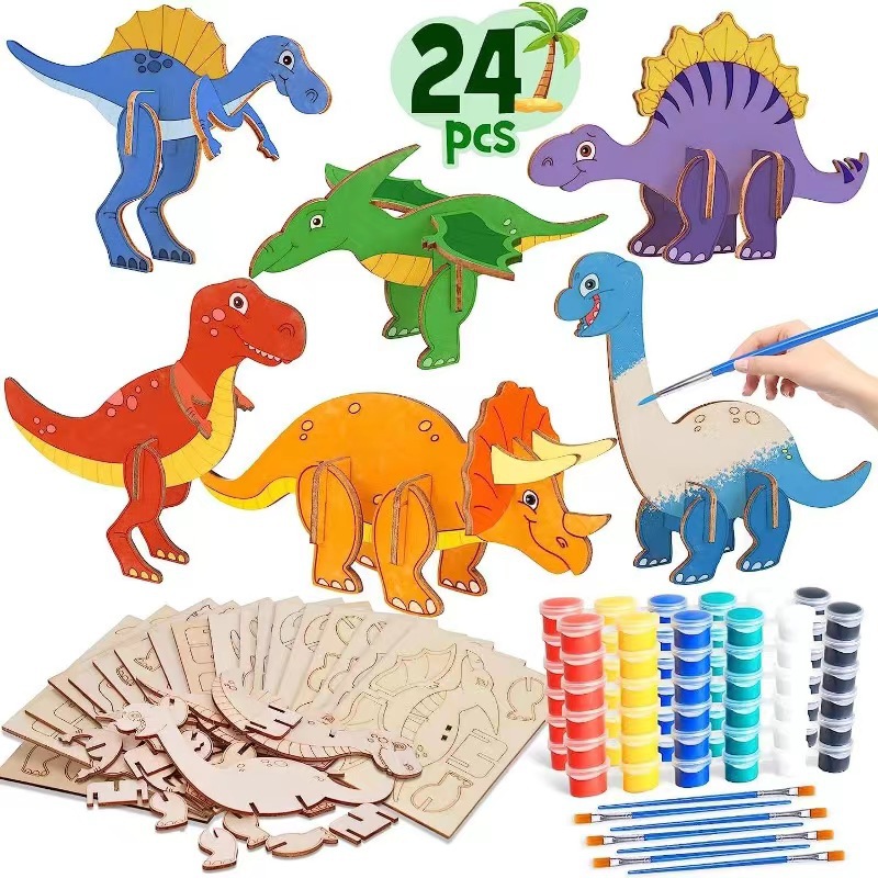 3D Wooden Products Dinosaur Puzzle Set Puzzle Creative Crafts DIY Handmade Children's Painting Graffiti-uFunSpace