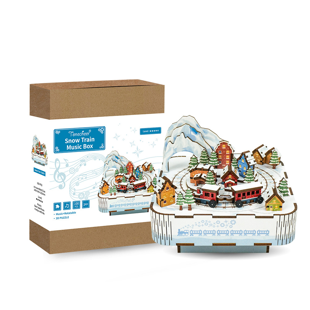 Northland Train Music Box Snow Scene Christmas Gift Hand-assembled Wooden Creative Ornaments-uFunSpace