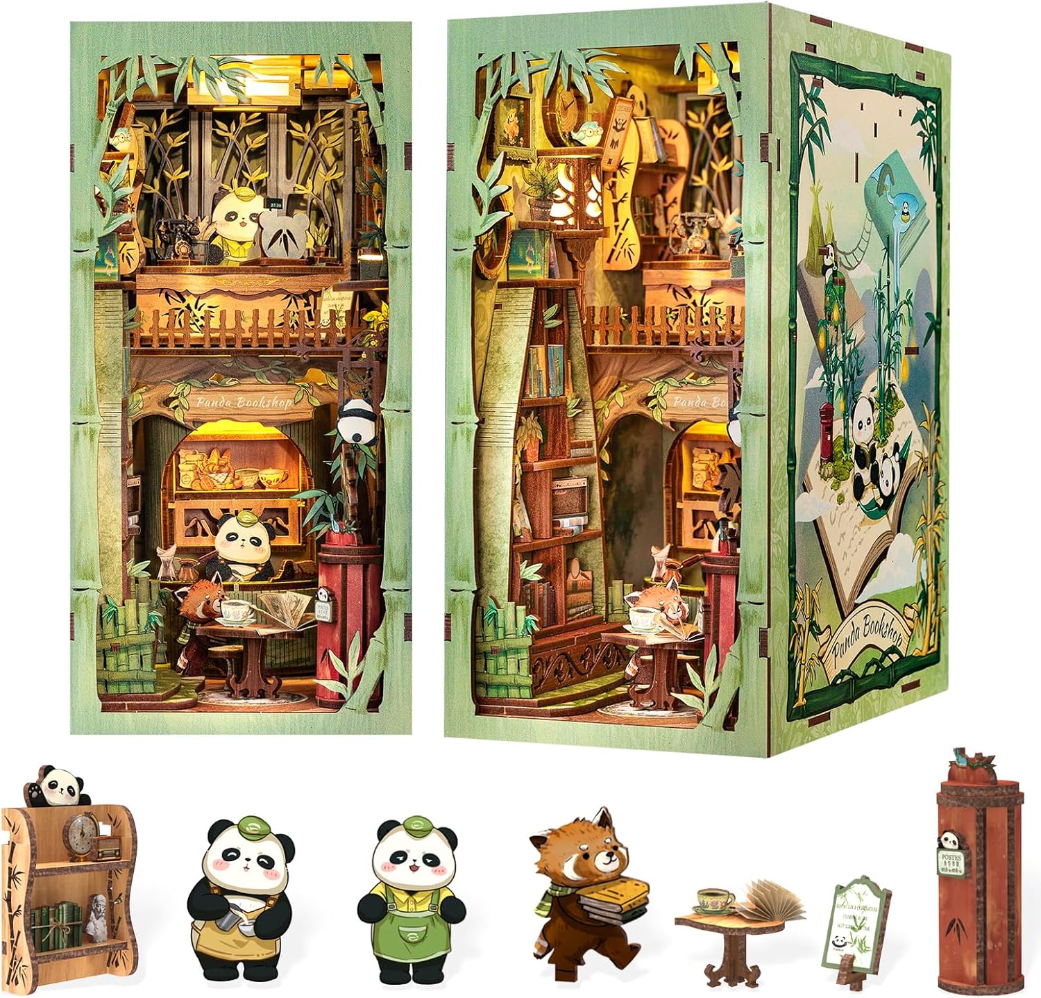 Front view of assembled Panda Bookshop DIY Book Nook Kit with miniature panda and red panda figures