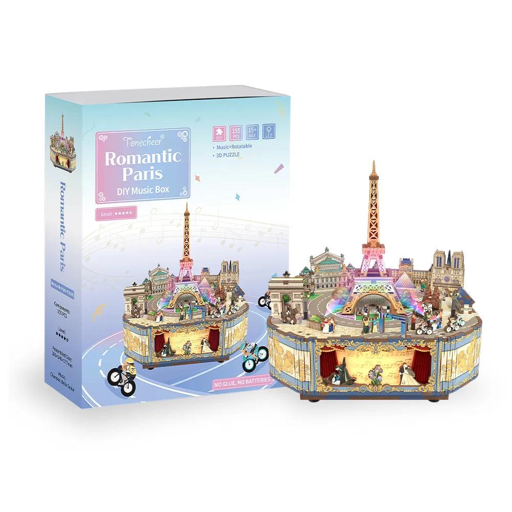Wooden Music Box Puzzle for Adults, DIY Rotating Music Box Kit 3D Creative Musical Puzzle Crafts Model Building Kits Desk Decor Birthday (Romantic Paris)-uFunSpace