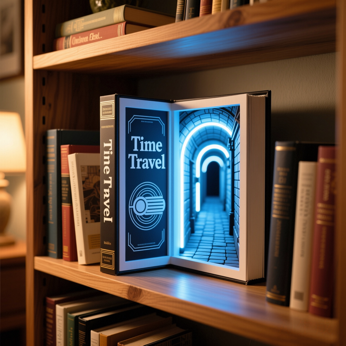 Time Travel book nook kit creating 3D optical illusion on staircase bookshelf