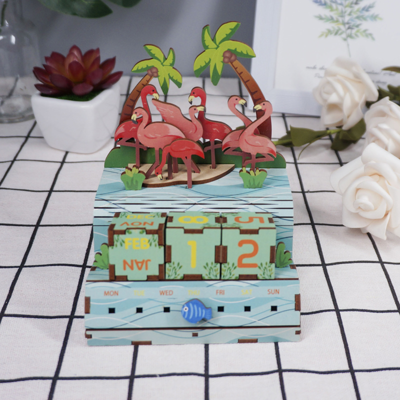 Pink Flamingos wooden calendar，3d art calendar desk calendar diy gifts