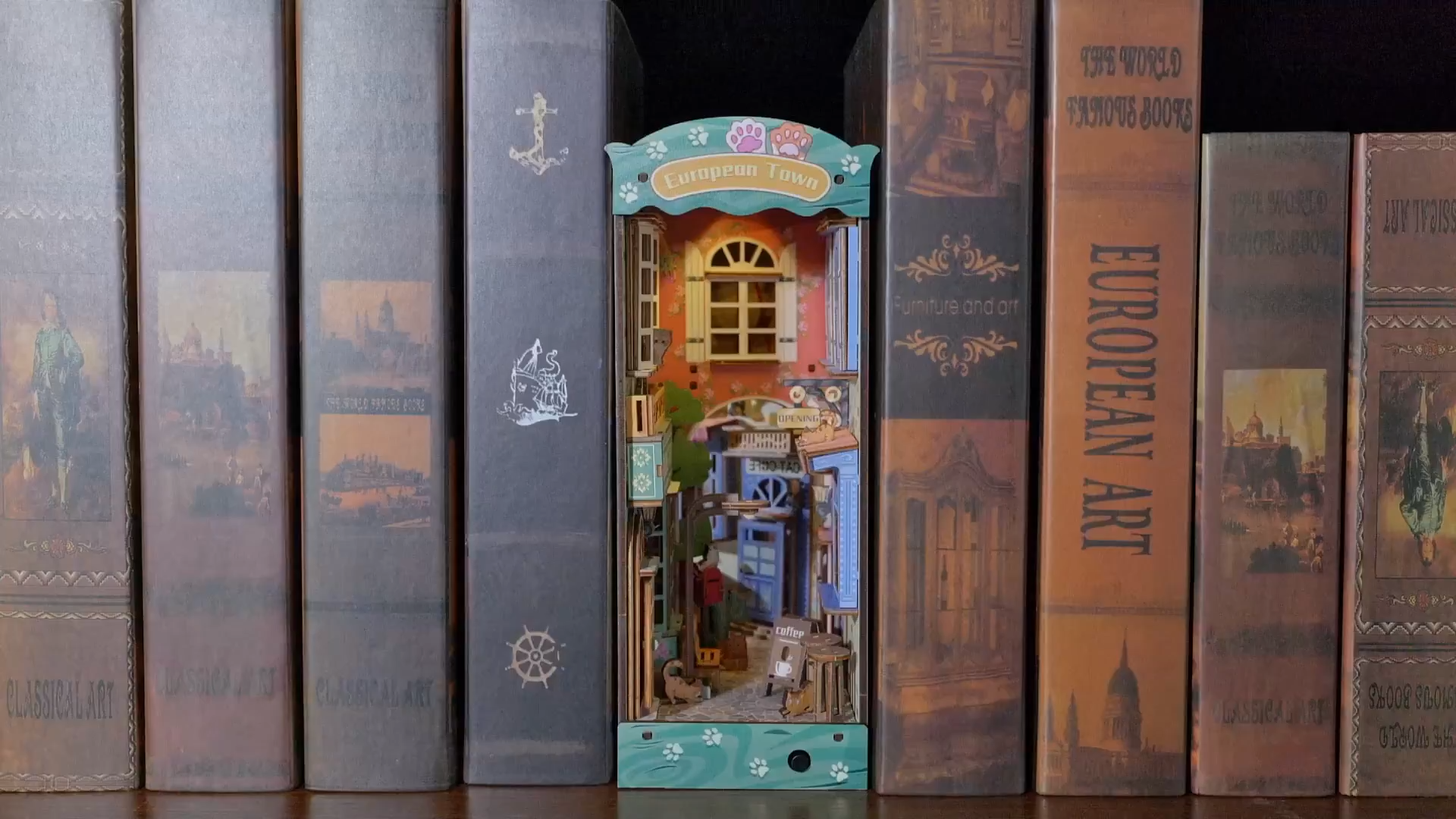 DIY Book Nook Kit 3D Wooden Puzzle, DIY BookNook Bookshelf Insert Decor with LED Model Building Kits, Bookend Diorama Miniature Kit Gifts for Adults&Teens (Cat Street Gallery)