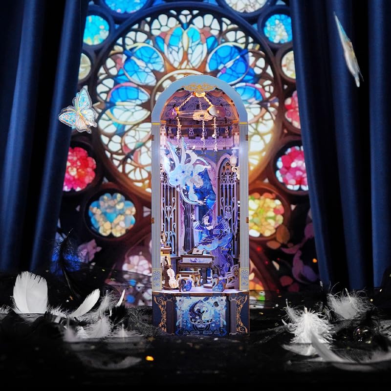 Amazon.com: Tonecheer DIY 成人書角套組木製3D 拼圖音樂盒書擋書架插入裝飾自動旋轉Booknook 微型房屋套組附防塵罩和LED 燈(天鵝夢) :