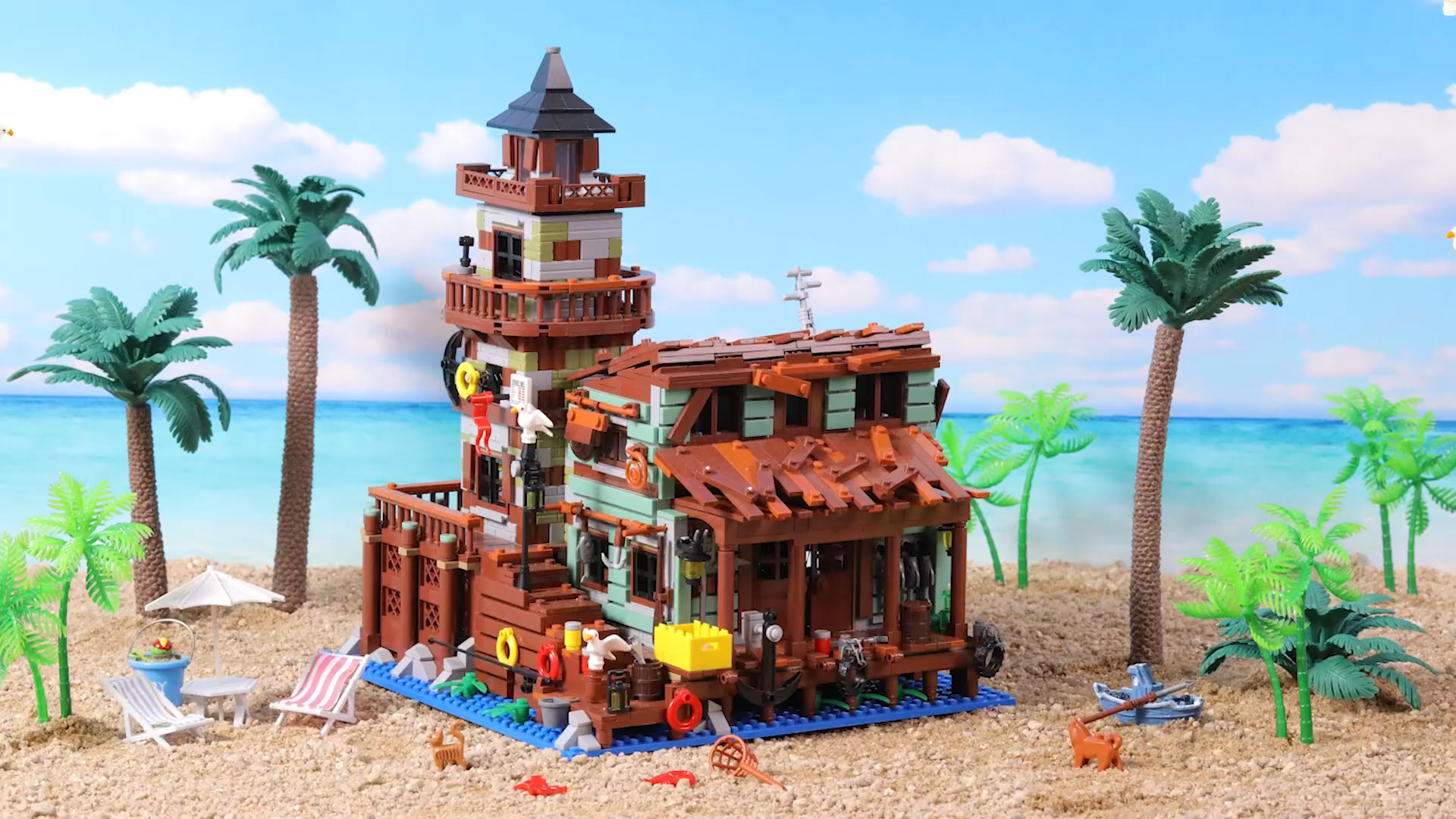 Fishing Village Store House Building Set with LED Light, 1845PCS Wood Cabin Mini Building Block Architecture Kit for Adults Boys Girls Ages 8+