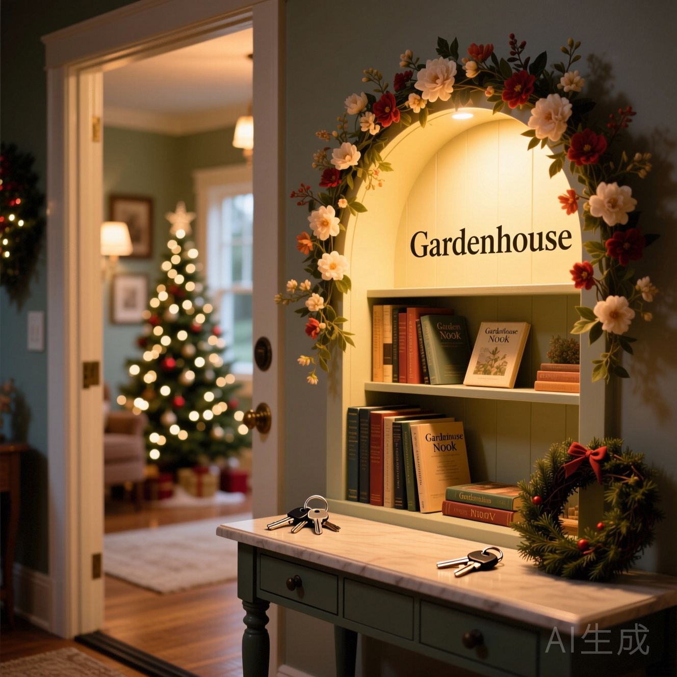 A cozy, decorated Christmas living room showcasing DIY book nook kits as magical holiday decor, including a festive street scene on the bookshelf and a glowing Firefly Forest bookend on the mantel.