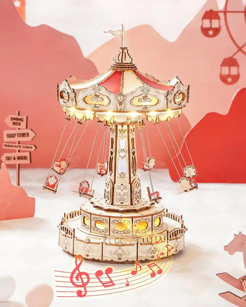3D Puzzles Wooden Music Box Kit with LED, Rotating Swing Ride Mechanical Model Kit DIY Wood Craft Hobbies Kit for Adults Birthday for Boys/Girls