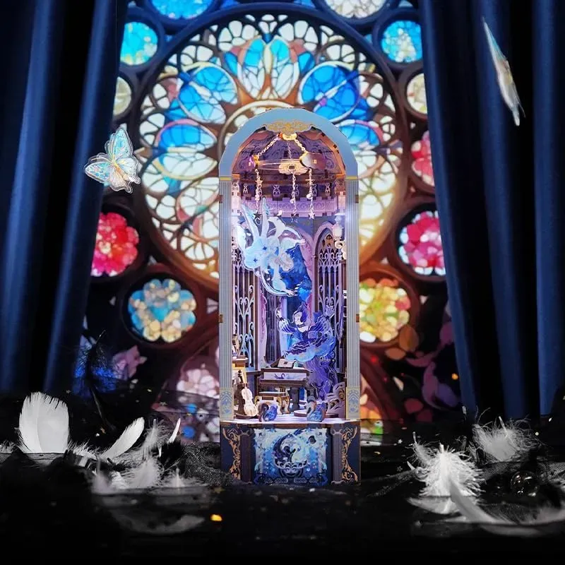 DIY Book Nook Kit for Adults, Wooden 3D Puzzle Music Box Bookend Bookshelf Insert Decor, Automatic Rotation Booknook Miniature House Kit with Dust Cover and LED Light (Swan Dream)