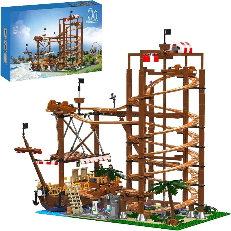 Roller Coaster Building Blocks Set - Electrical Funfair Pirate Ship Track Amusement Park Construction Blocks Toys Model with Motors - Birthday Gift Idea for Boys and Adults