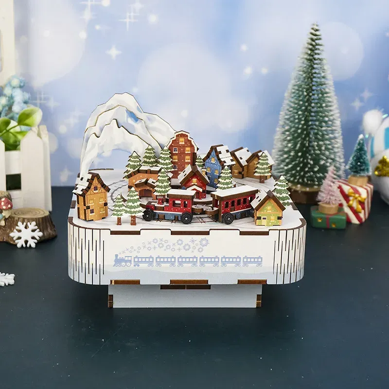 Northland Train English version music box snow scene Christmas gift hand-assembled wooden creative ornaments