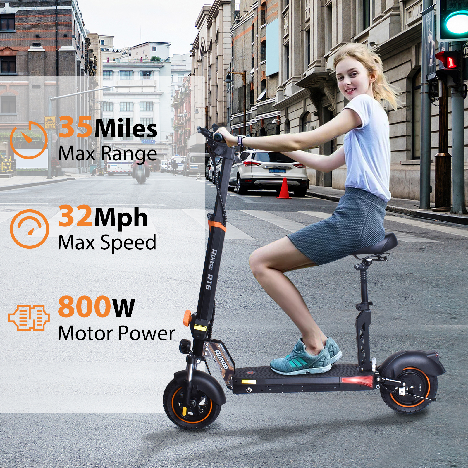 Electric Scooter Adults, 800W Motor, 35 Miles Long Range & 32 MPH Top Speed, Dual Suspension, Folding E-Scooter, with 10" Off Road Tires, Kick Scooter with Detachable Seat, for Commuter Outdoor