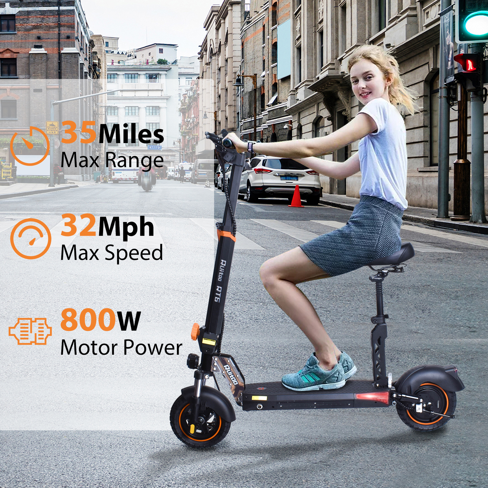 Electric Scooter Adults, 800W Motor, 35 Miles Long Range & 32 MPH Top Speed, Dual Suspension, Folding E-Scooter, with 10" Off Road Tires, Kick Scooter with Detachable Seat, for Commuter Outdoor