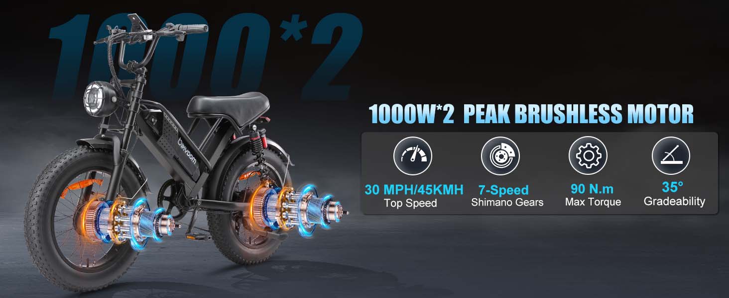 Electric Bike for Adults, Up to 80/110KM Range & 45KM/H Speed, 2000W Peak Motor 7 Speed Gearing with All-Terrain 4.0" Fat Tires E Bike, Electric Dirt Bike, Full Suspension City Bicycles for Outdoor