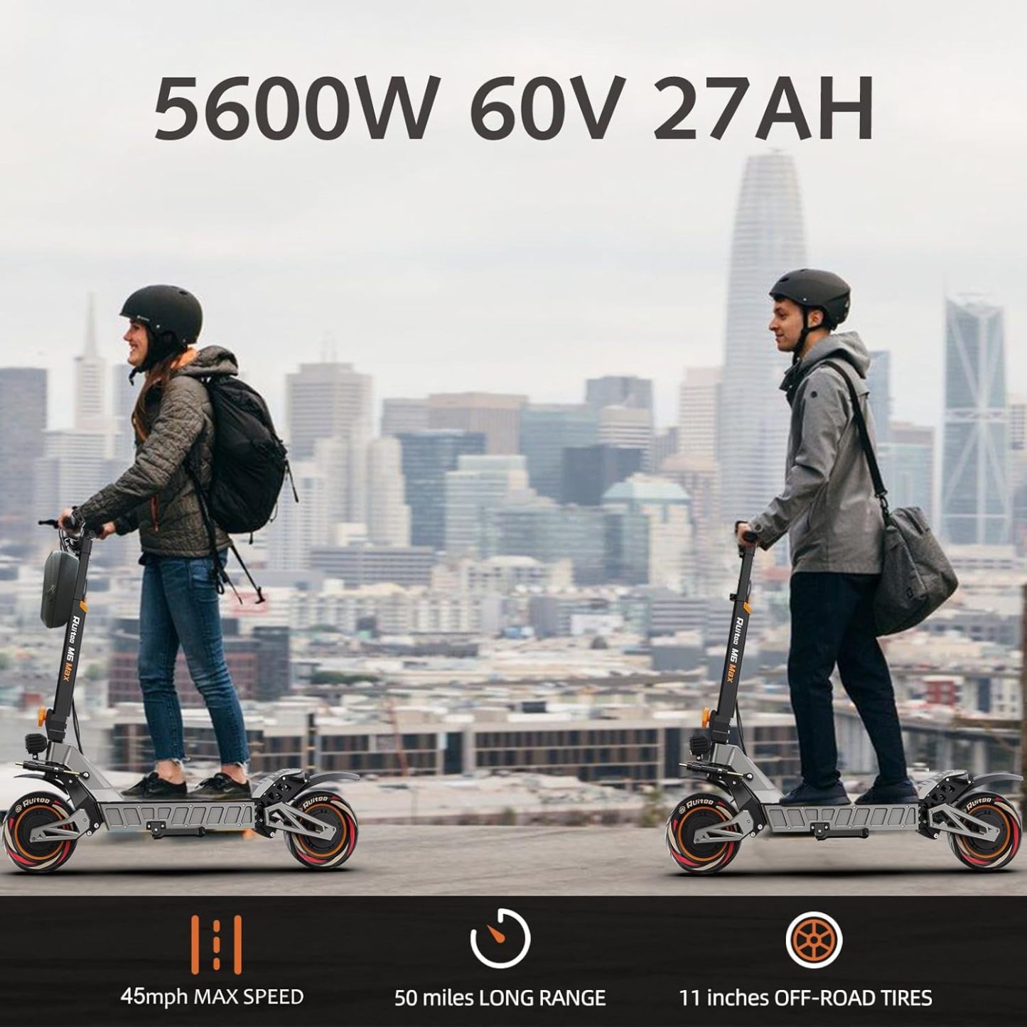 5600W Electric Scooter Adults, Dual Motors Up to 50 MPH 50 Miles Range 60V/27AH Lithium Battery 11" Off Road Tires Heavy Duty Sport Escooter with Steering Damper 440lbs Max Loading, UL-2272 Certified