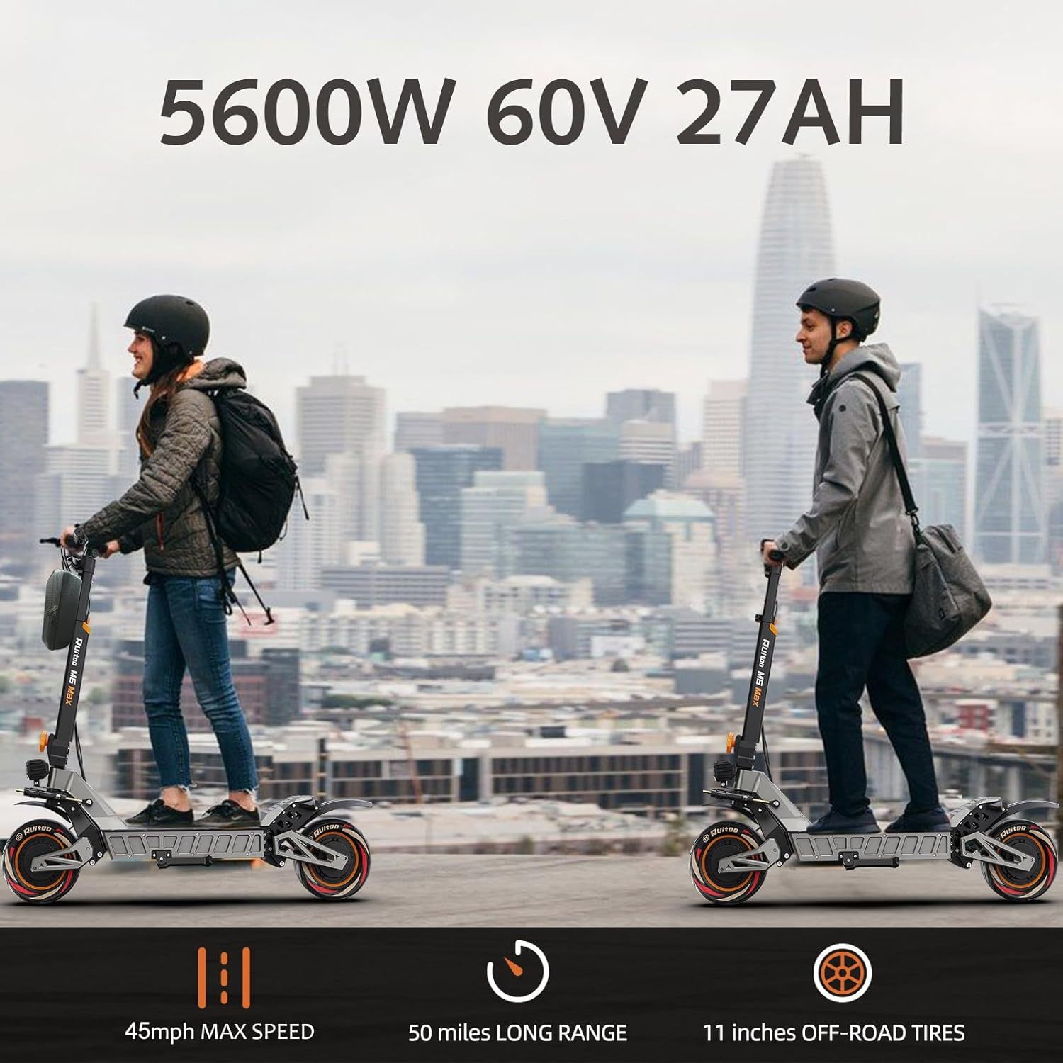 5600W Electric Scooter Adults, Dual Motors Up to 50 MPH 50 Miles Range 60V/27AH Lithium Battery 11" Off Road Tires Heavy Duty Sport Escooter with Steering Damper 440lbs Max Loading, UL-2272 Certified