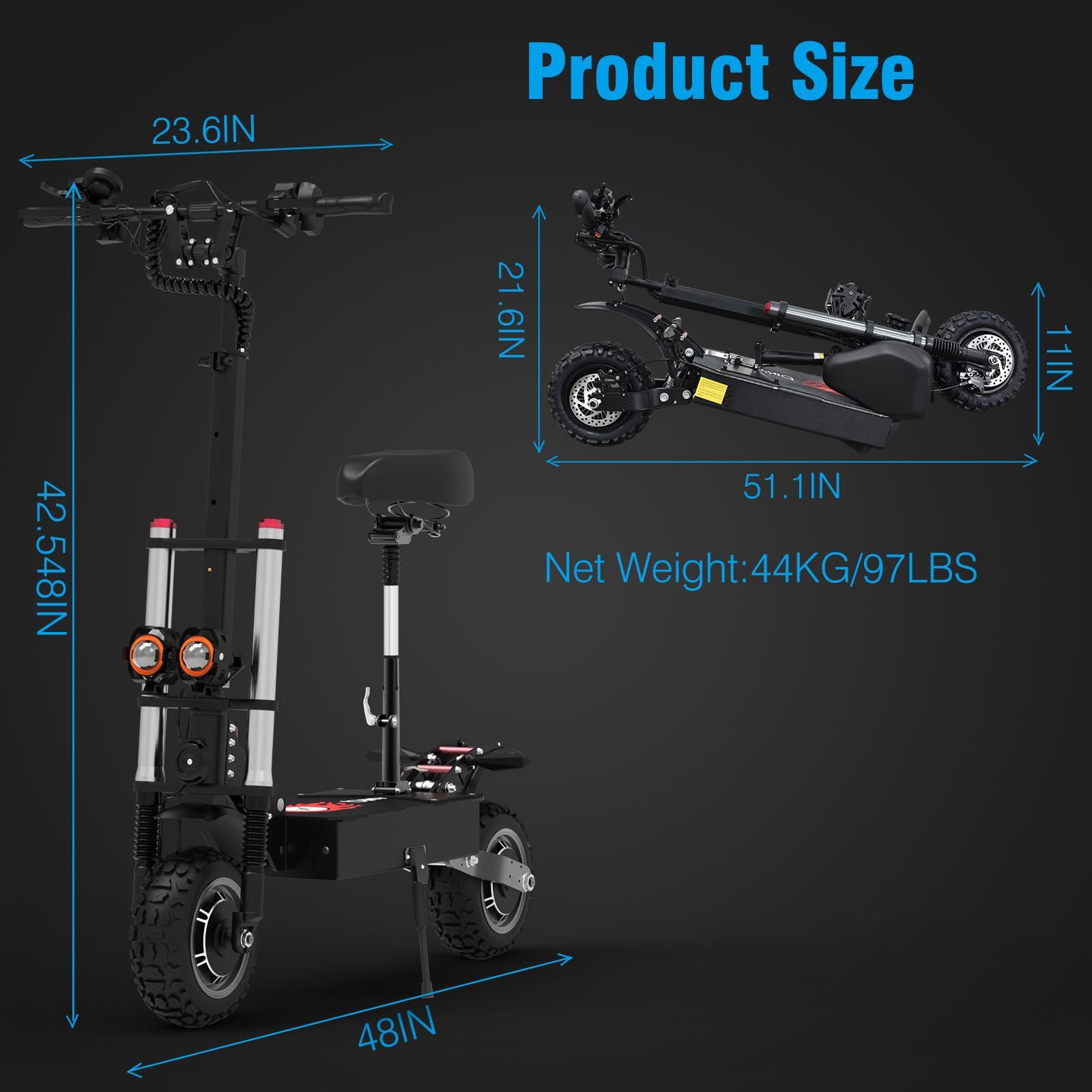 Electric Scooter Adults 50mph, 38.4Ah/28Ah Rechargeable Battery,5600W Dual Motor, 60/48 Miles Range 11IN Off Road Tire Folding E-Scooter with seat, Up to 50° Climbing Limit, 440LBS Max Load