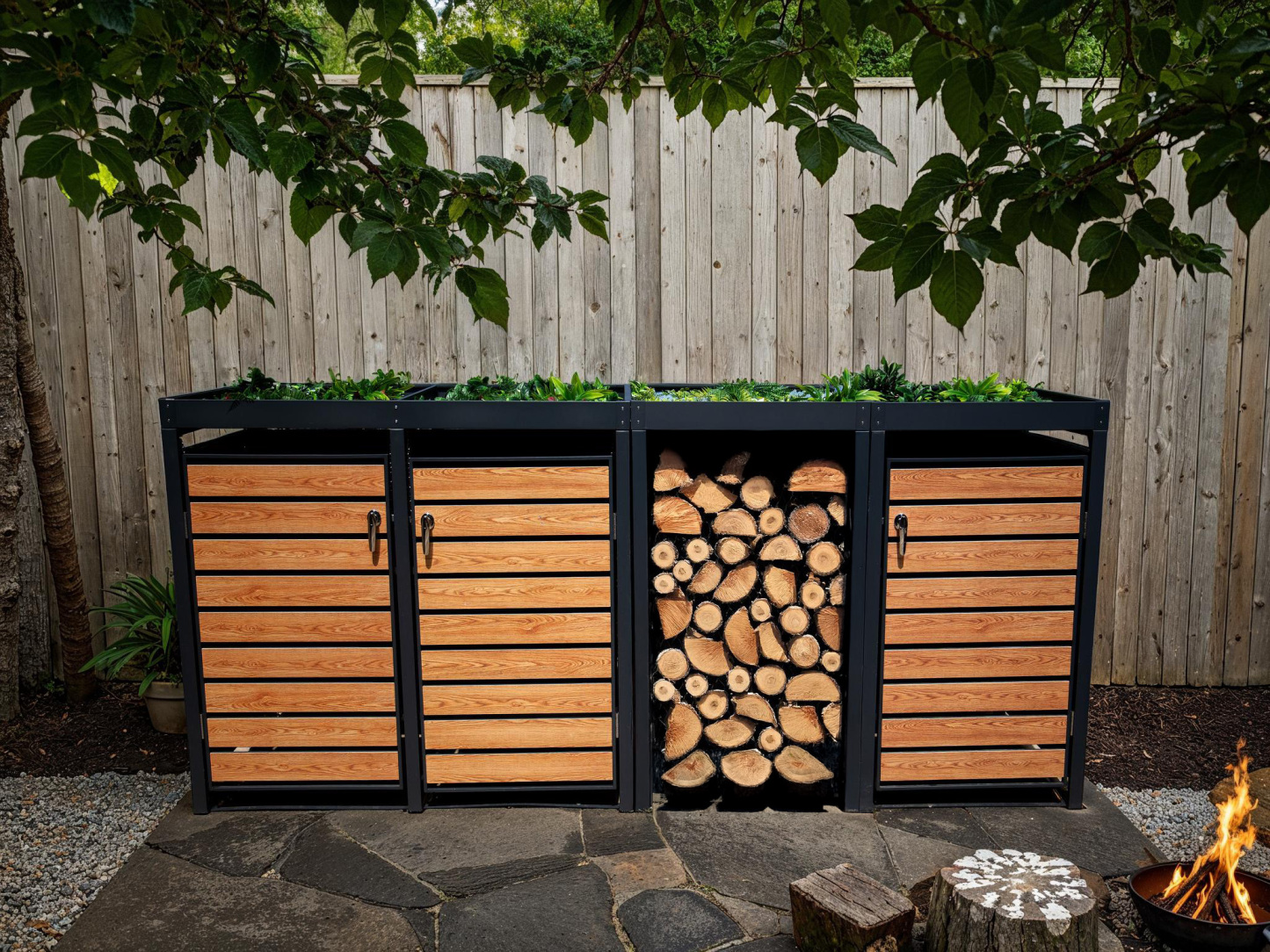Wood Effect Galvanised Steel Wheelie Bin Storage Trio