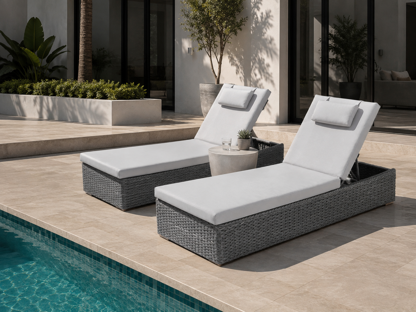 Midnight Montana sun loungers with beige cushions and black and grey tritone rattan frames beside a modern swimming pool