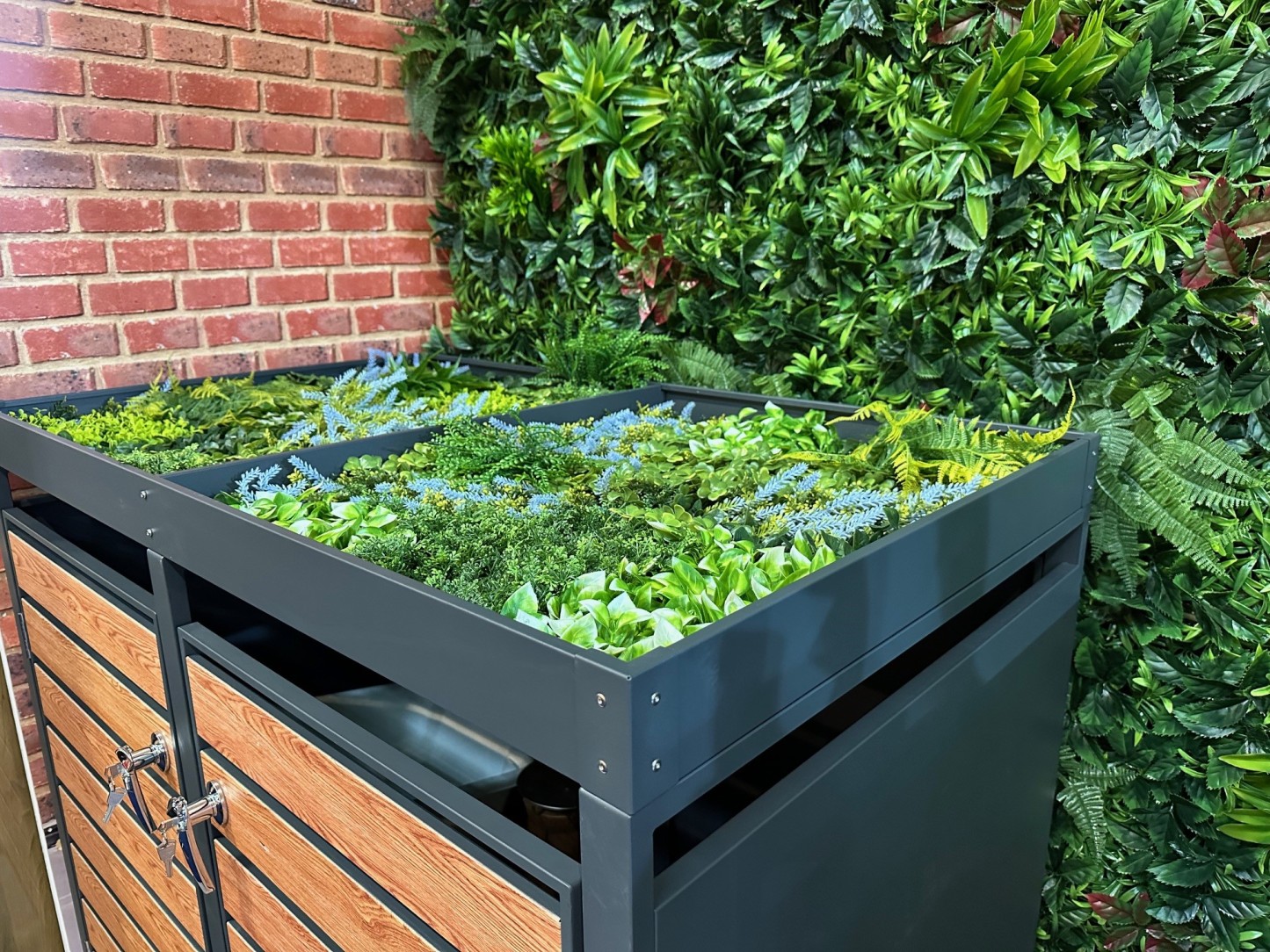 Wood Effect Galvanised Steel Wheelie Bin Storage Quad | Planter Log Store