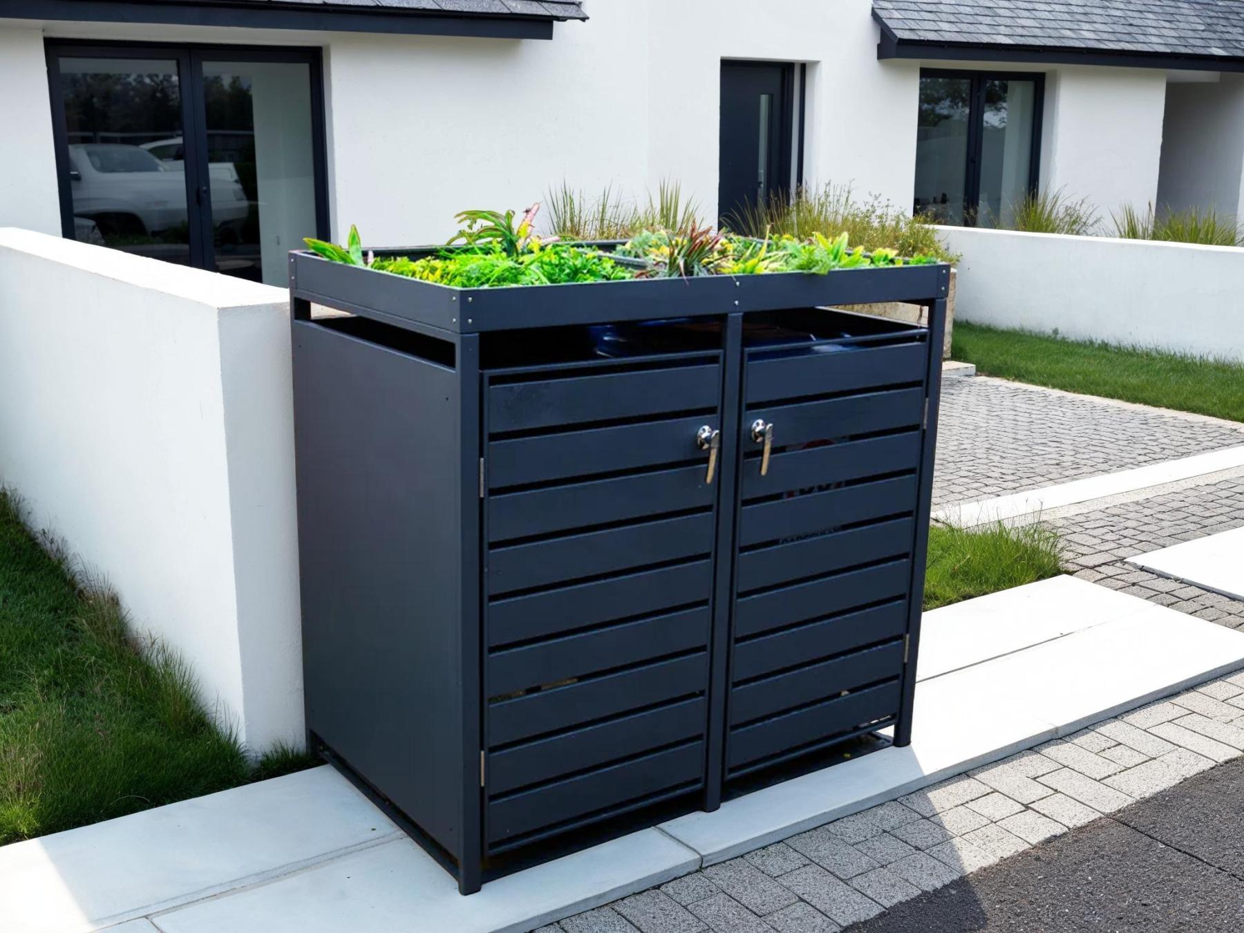 Anthracite Galvanized Steel Wheelie Bin Cover with Planter | Double