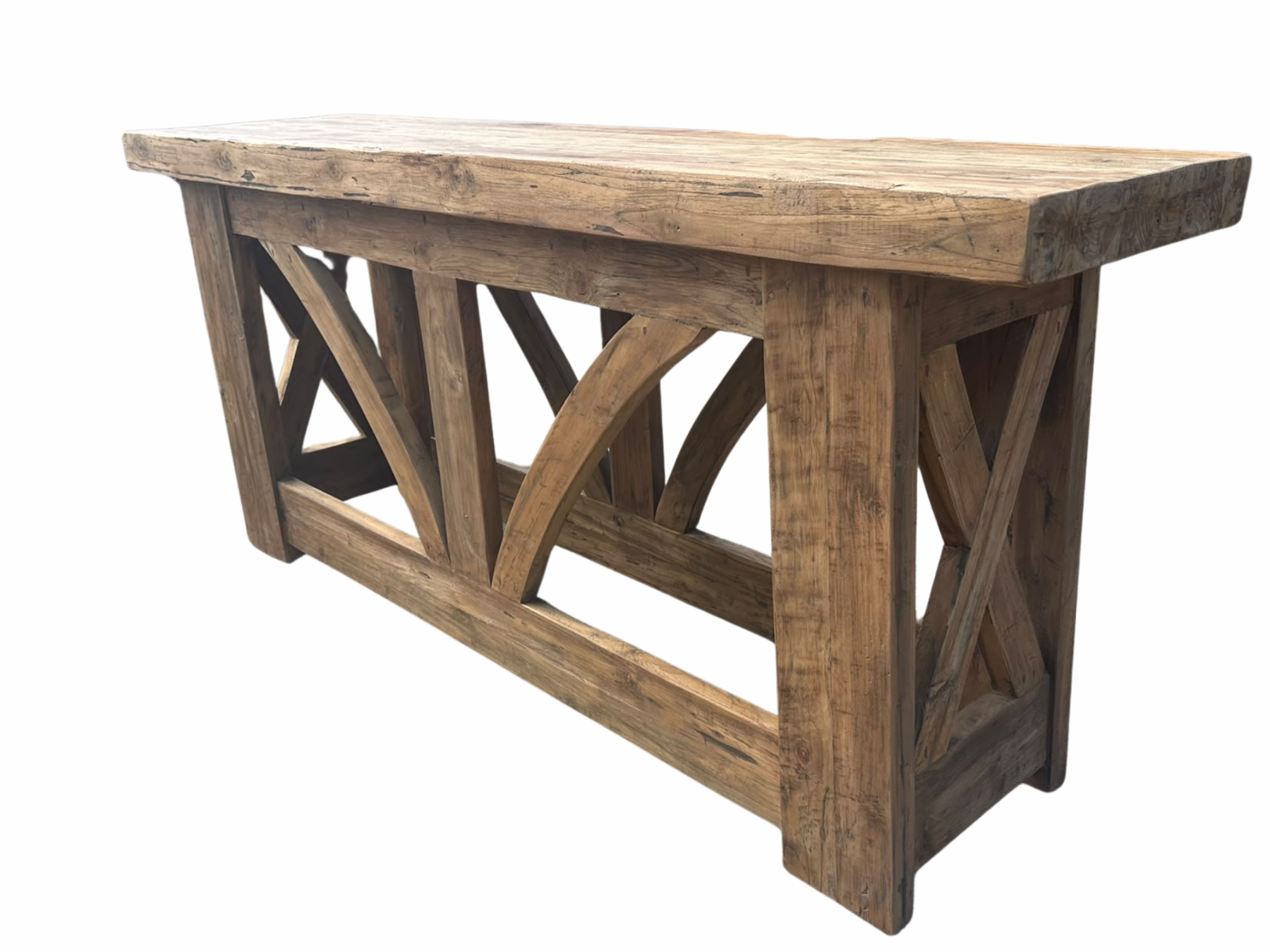 Kendal 2m teak console table in reclaimed wood with chunky legs and handcrafted curved detailing