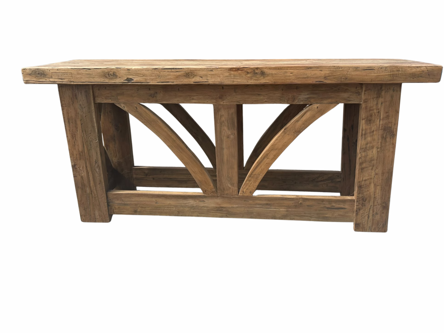Kendal 2m teak console table with rustic solid wood frame and decorative curved timber supports