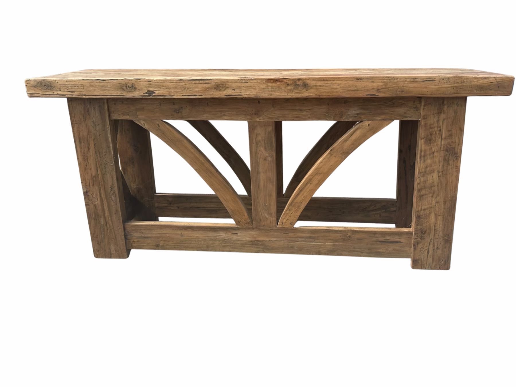 Kendal 2m teak console table with rustic solid wood frame and decorative curved timber supports