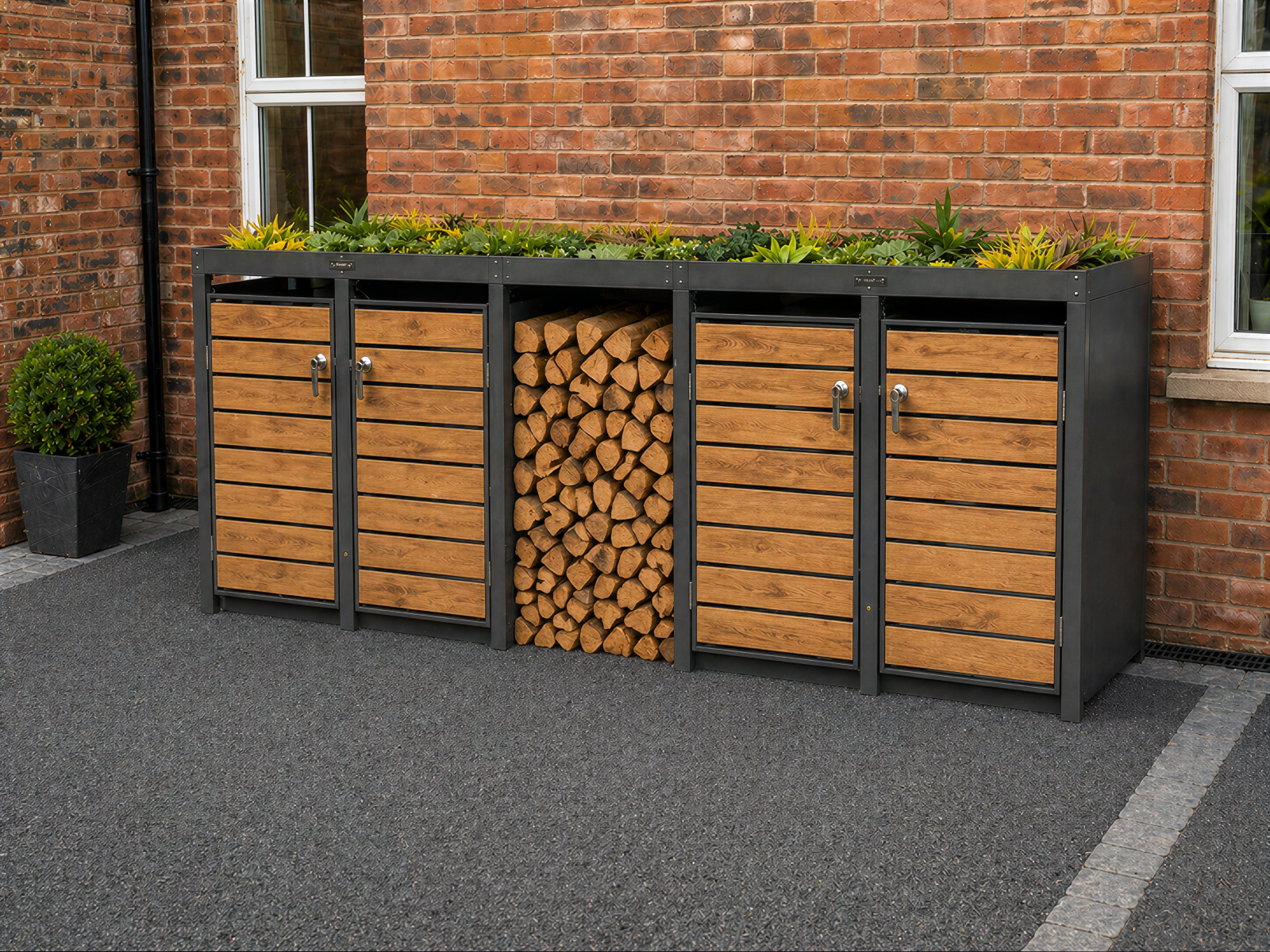 Wood Effect Galvanised Steel Wheelie Bin Storage Quad | Planter Log Store