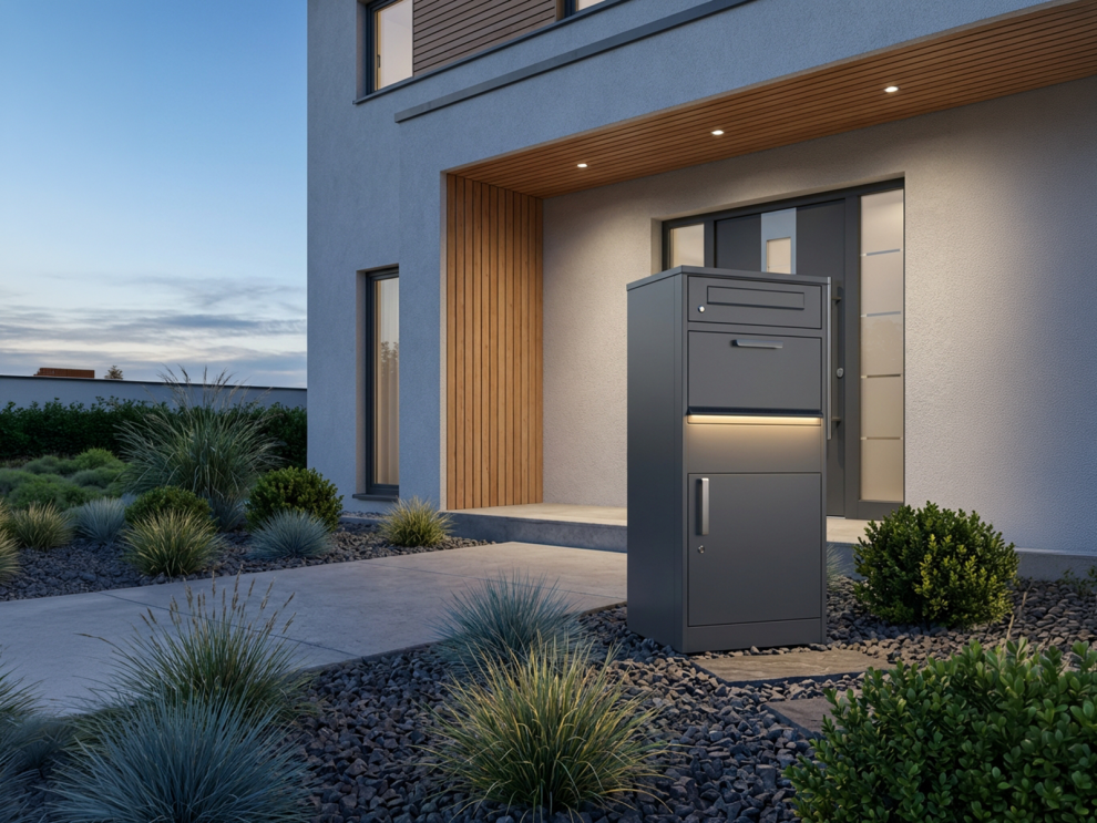 Home Parcel Outside on modern patio at nigh