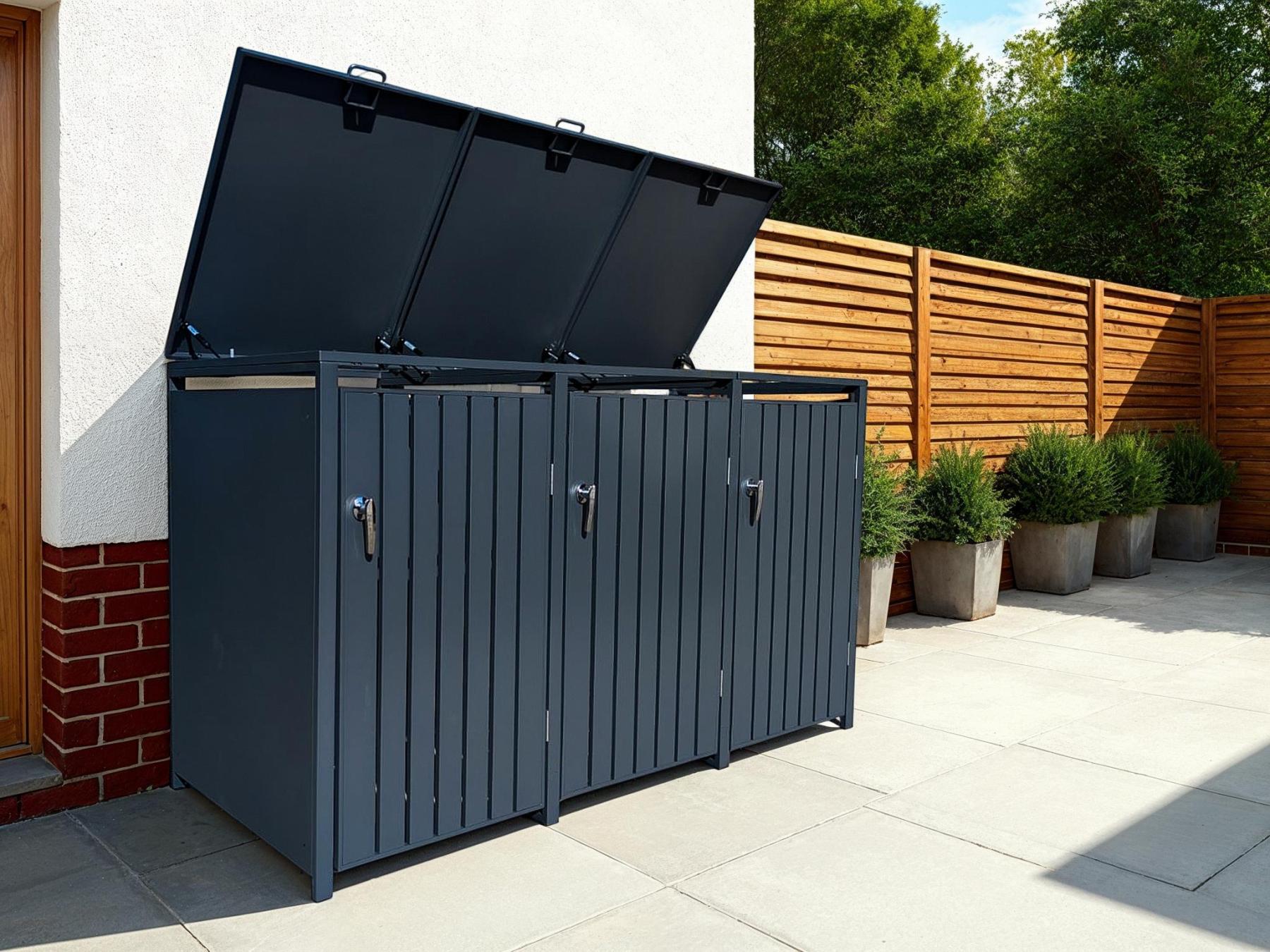 Garden triple wheelie bin storage with metal slatted doors in landscaped outdoor setting