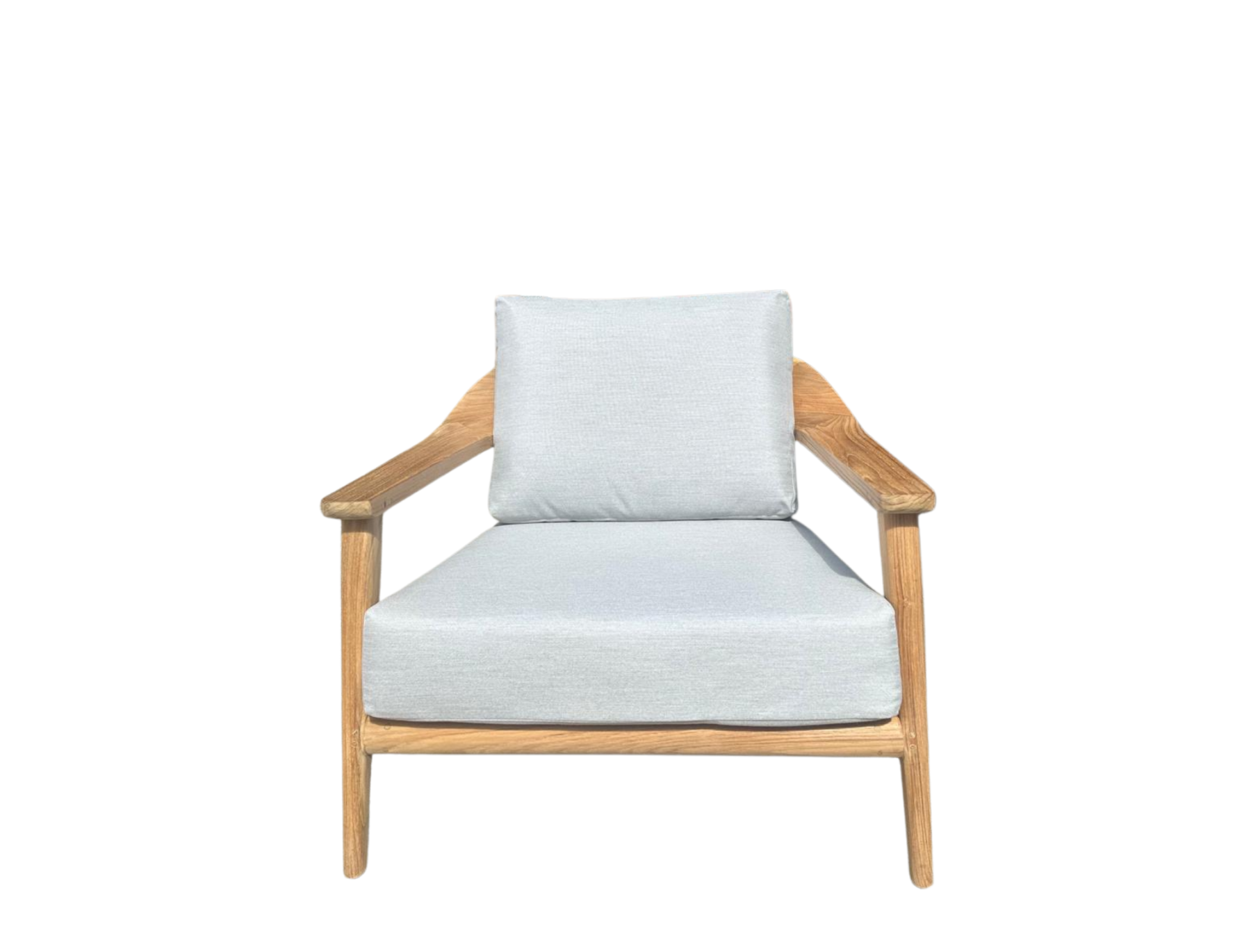 Front view of the Veluta Curve FSC® certified solid teak outdoor lounge armchair with deep light grey cushions