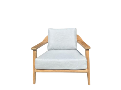 Front view of the Veluta Curve FSC® certified solid teak outdoor lounge armchair with deep light grey cushions